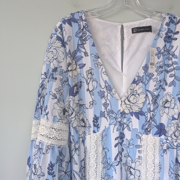 NWT New York & Company Blue & White Floral Print Babydoll Long Sleeve Dress - Picture 9 of 14